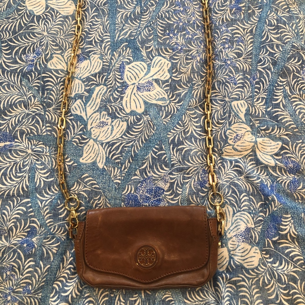 Tory Burch Tan Leather Clutch with Chain Strap